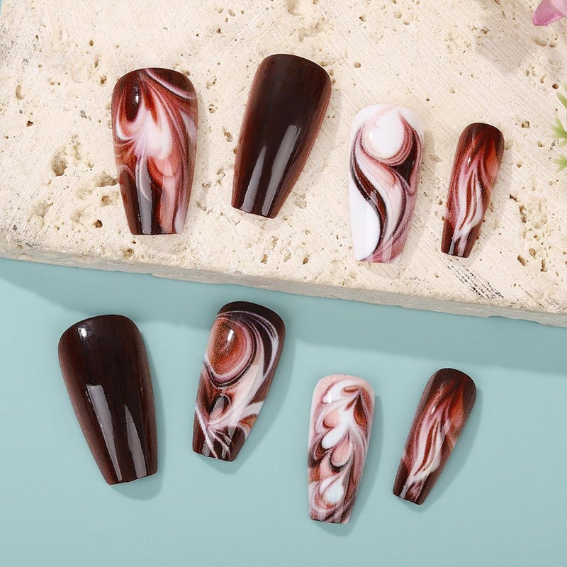 HJKDSFD Brown Marble Press On Nails Medium Length Fake Nails Coffin Shaped Glue On Nails With Coffee Designs Glossy Acrylic Artificial Nail Reusable False Nails For Women Girls 24pcs - Image 3